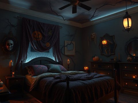 Spooky Halloween Bedroom with Jack-o'-Lanterns and Creepy Decor