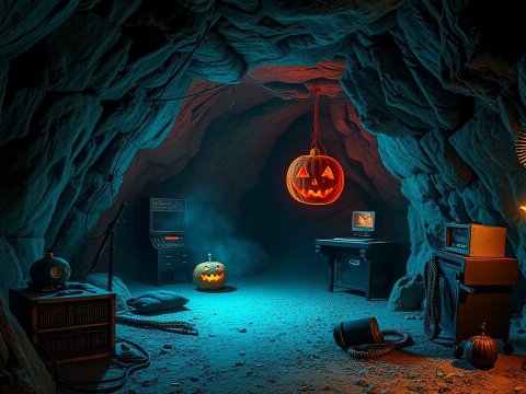 Spooky Halloween Cave with Jack-o'-Lanterns and Vintage Tech