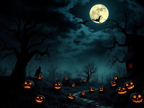 Spooky Halloween Night with Glowing Jack-o'-Lanterns and Full Moon