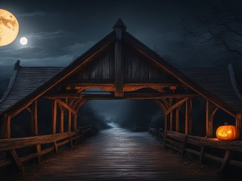 Spooky Haunted Covered Bridge with Jack-o'-Lanterns at Night