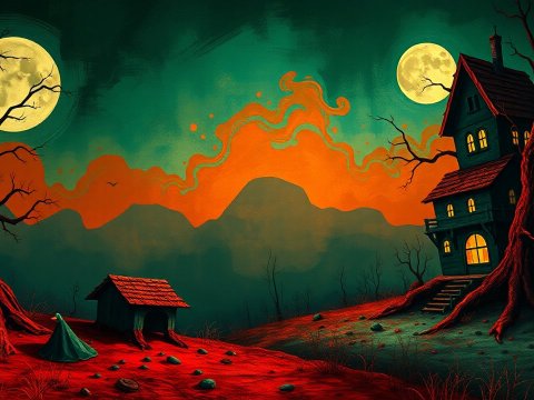 Spooky Night with Haunted House and Twin Moons