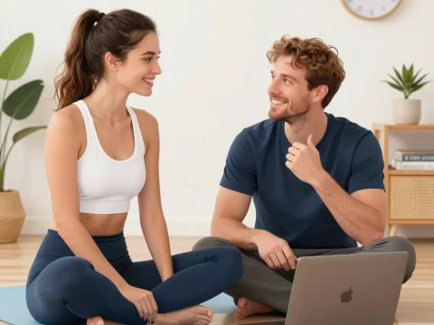 Sporty Couple Relaxing with Laptop on Yoga Mat