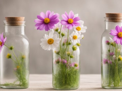 Spring Cosmos Flowers in Glass Bottles with Cork Stoppers