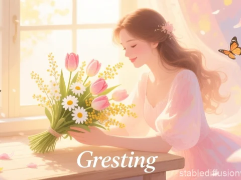 Spring Flowers Greeting with Woman and Butterflies