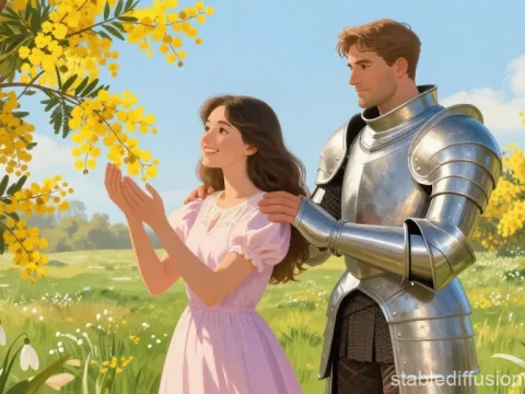 Spring Joy Between a Knight and a Lady in Blooming Meadow