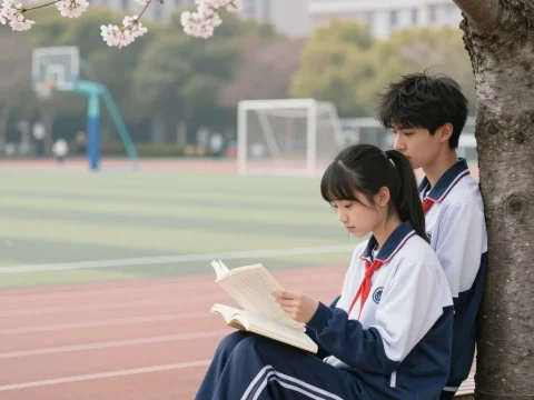 Springtime Students Reading Quietly Under Cherry Blossoms