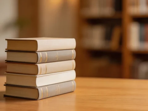 Stack of Classic Books on Wooden Table in Cozy Library