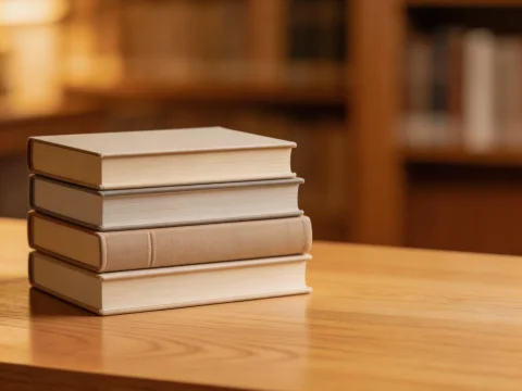 Stack of Elegant Books on Wooden Table in Library