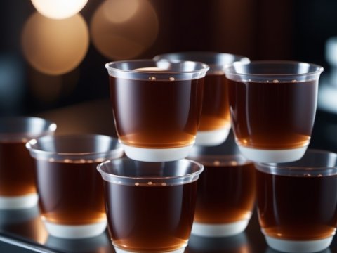 Stacked Plastic Cups Filled with Dark Liquid on Reflective Surface