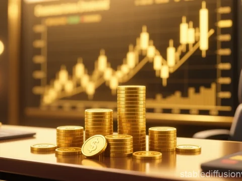 Stacks of Luxury Gold Coins on Office Desk with Financial Chart