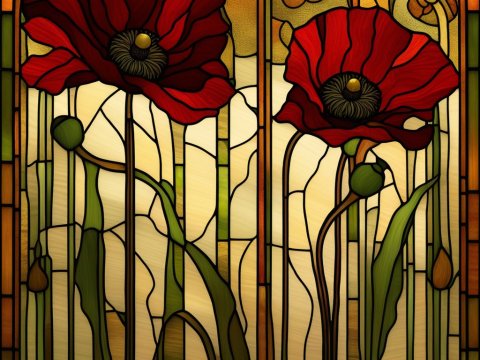 Stained Glass Panel with Red Poppies