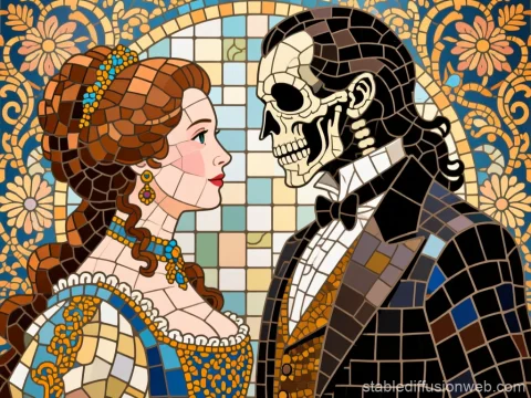 Stained Glass Portrait of a Lady and Skeleton Gentleman