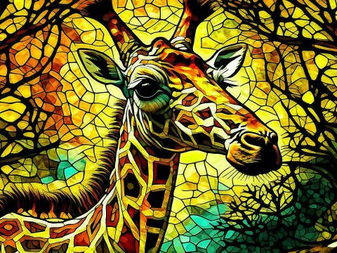 Stained Glass Style Giraffe in Vibrant Forest