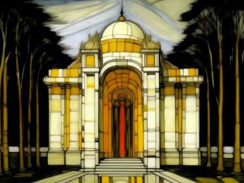 Stained Glass Style Ivory Temple at Night
