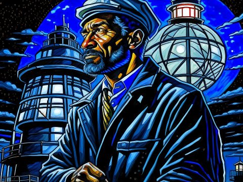 Stained Glass Style Lighthouse Keeper Under Moonlit Sky