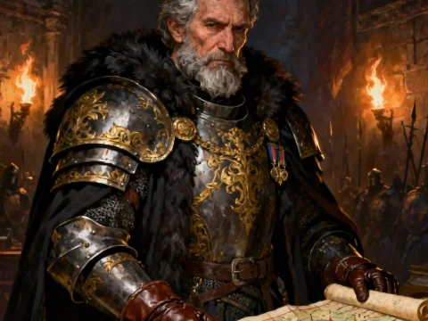 Stark Medieval Military Strategist in Ornate Armor