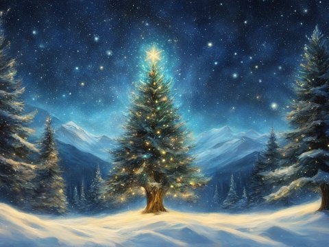 Starry Night Christmas Tree in Snowy Mountain Landscape