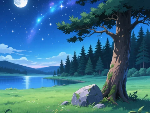 Starry Night Fantasy Landscape by a Tranquil Lake