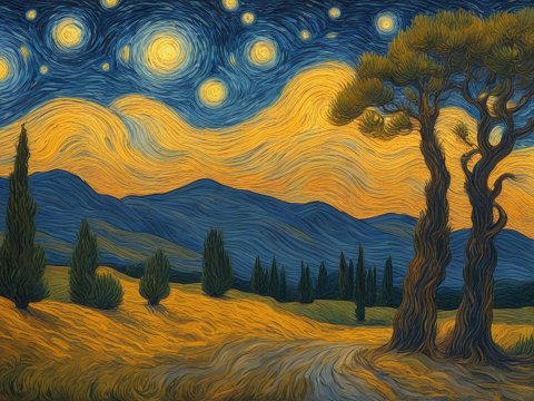 Starry Night Inspired Landscape with Cypress Trees