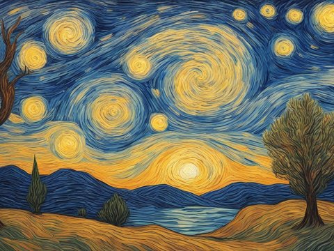 Starry Night Inspired Landscape with Swirling Sky