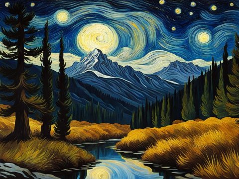Starry Night Inspired Mountain Landscape