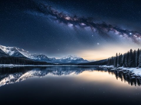 Starry Night Over Snowy Mountain Lake