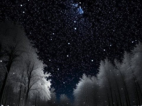 Starry Night Sky Over Snowy Forest