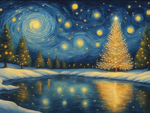 Starry Night Winter Landscape with Illuminated Christmas Tree