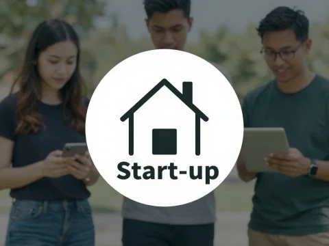 Start-up Logo with Young People Using Devices Outdoors