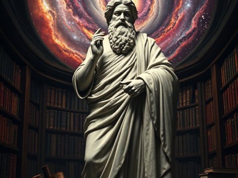 Statue of Epictetus with Cosmic Spiral in Library