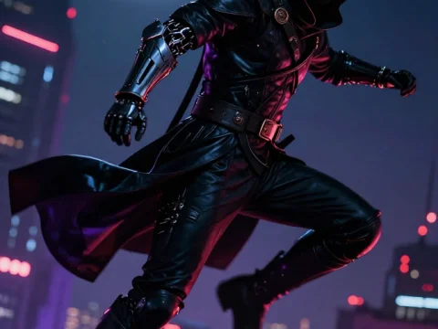 Stealthy Assassin Leaping in Cyberpunk Cityscape at Night