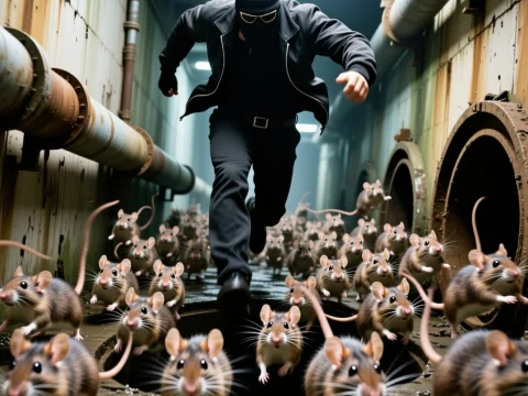 Stealthy Hacker Running Through Rat-Infested Tunnel