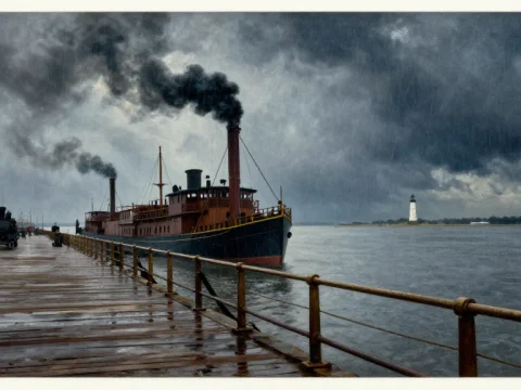 Steam Schooners Docked at a Rainy Harbor with Lighthouse