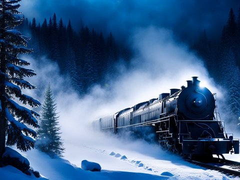 Steam Train Traveling Through Snowy Forest at Night