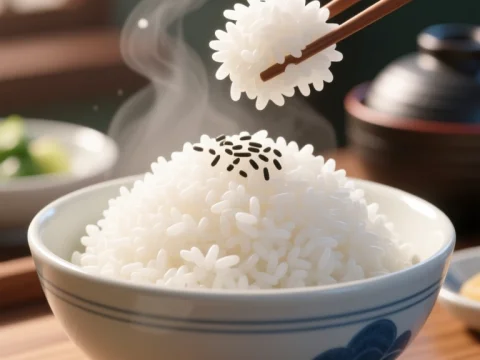 Steaming Bowl of Korean White Rice with Black Sesame Seeds