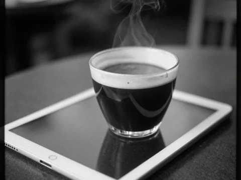 Steaming Coffee Cup on Tablet Screen in Black and White