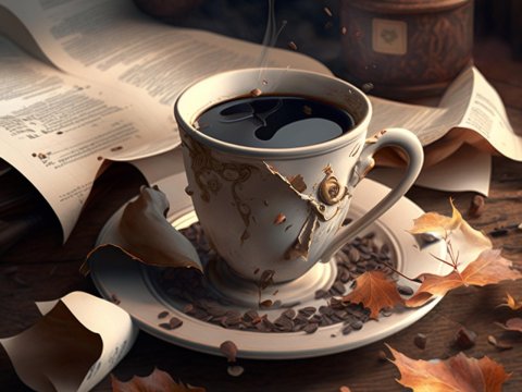 Steaming Cup of Coffee with Autumn Leaves and Open Book