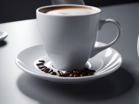 Steaming Cup of Coffee with Coffee Beans on Saucer