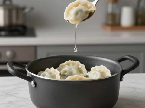 Steaming Dumplings in a Black Pot with Dripping Water