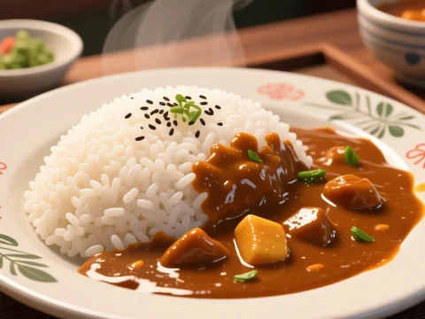 Steaming Japanese Curry Rice Plate with Vegetables