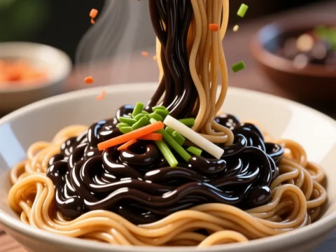 Steaming Korean Jajangmyeon Noodles with Black Bean Sauce