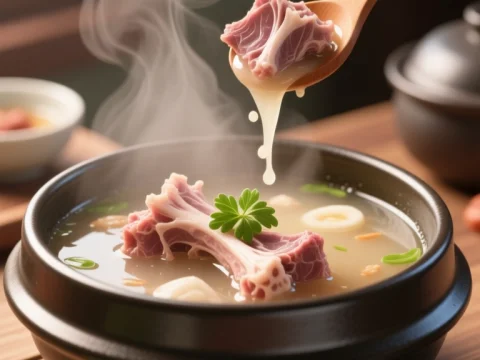Steaming Korean Pork Bone Soup in Traditional Bowl