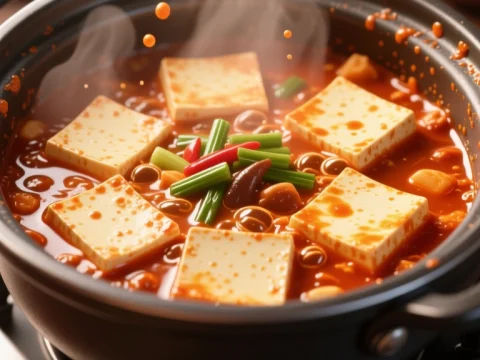 Steaming Korean Tofu Stew with Fresh Ingredients