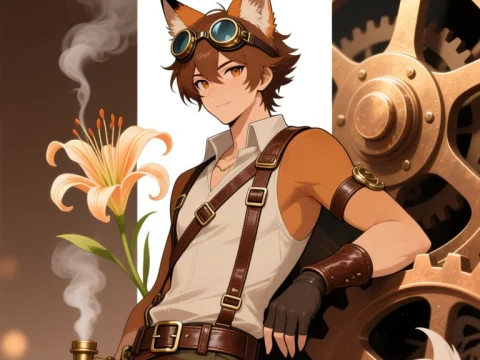 Steampunk Anime Character with Fox Ears on Bottle Label