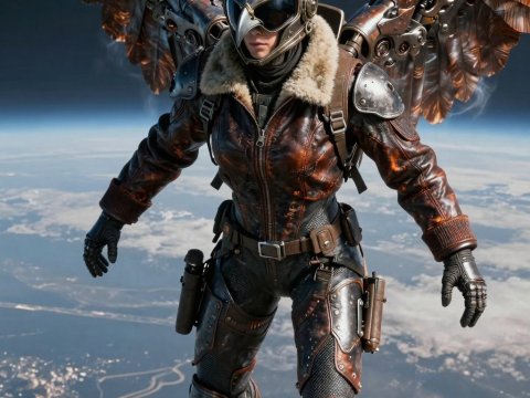 Steampunk Aviator with Mechanical Wings Soaring Above Earth