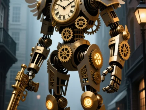 Steampunk Clockwork Guardian with Wings in Foggy Alley