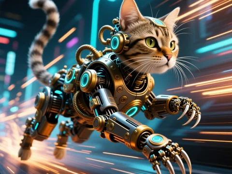 Steampunk Cybernetic Cat Racing Through Futuristic City