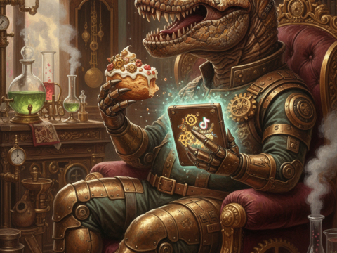 Steampunk Dinosaur Scientist Enjoying a Pastry