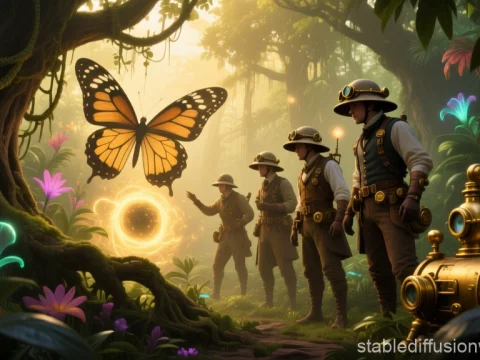 Steampunk Explorers Encounter Magical Butterfly in Enchanted Forest