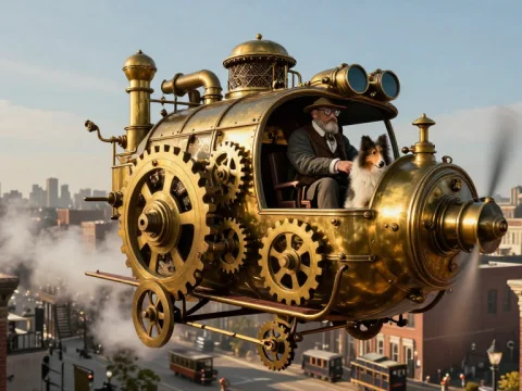 Steampunk Flivver Airship with Victorian Gentleman and Dog